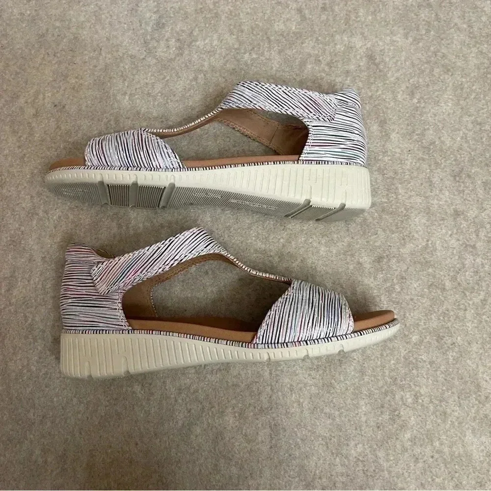Nurture Multicolor Striped Leather Low Wedge Hook and Loop Sandals Womens size 8